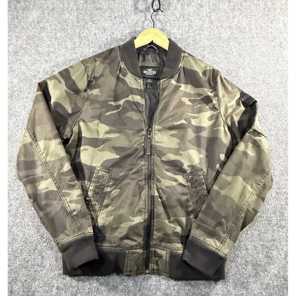 Hollister Men Army Green Camo Bomber Jacket Full Zip Military Coat L 1105H